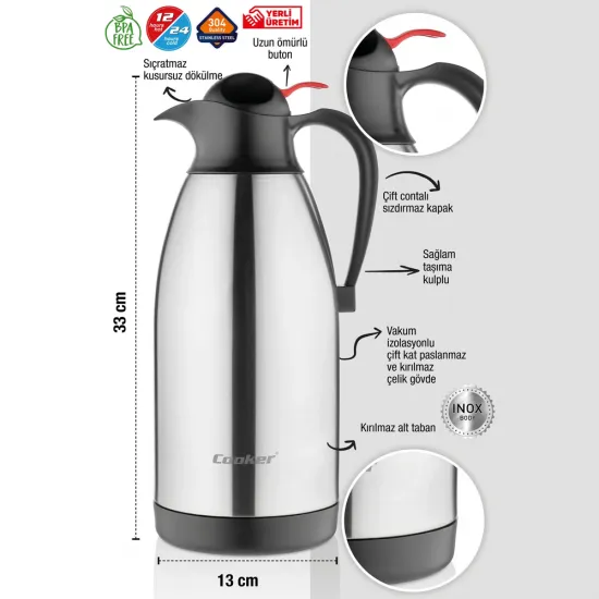 Cooker İnox Serisi 2,5 Litre Çelik Termos